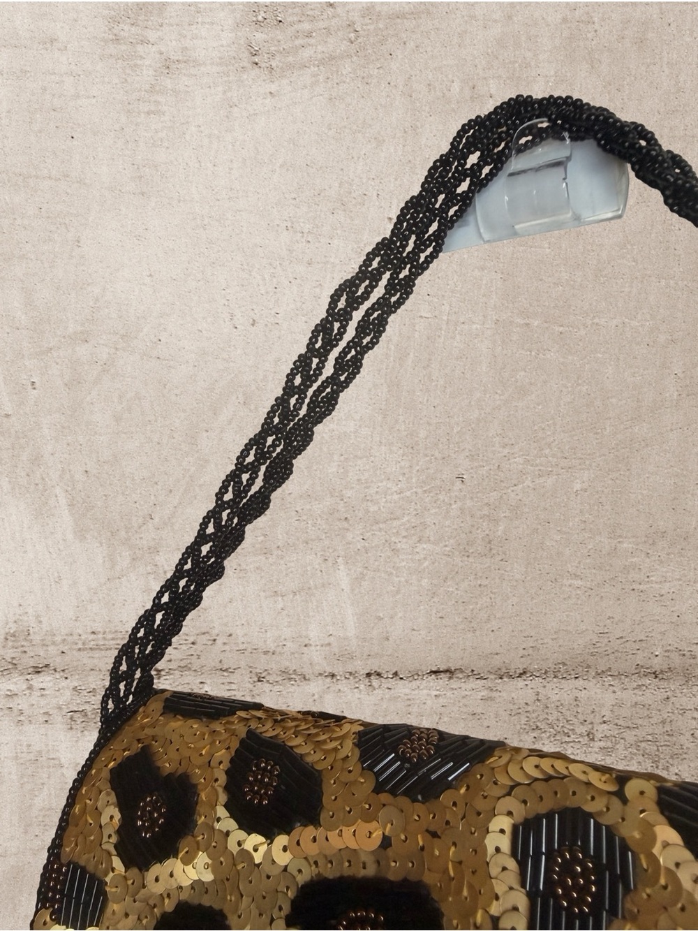 Inge Christopher Sequin Beaded Leopard Print Clutch Shoulder Bag Black Gold - Picture 6 of 13